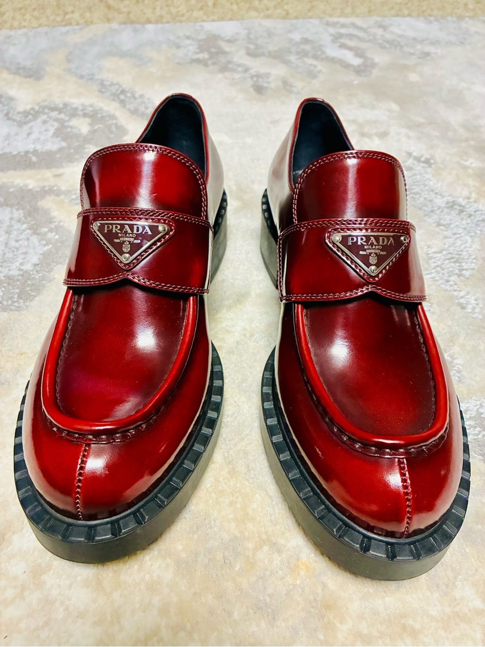 Prada Women’s Burgundy Patent Leather Loafers with Logo Plaque